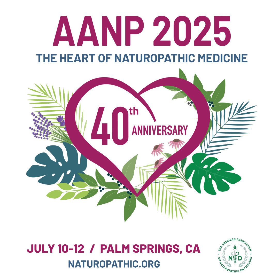 A promotional image for AANP 2025, celebrating the 40th anniversary with the theme "The Heart of Naturopathic Medicine." The design features a stylized purple heart surrounded by various green and purple leaves, flowers, and berries. Text at the top reads "AANP 2025" in bold purple letters, with "THE HEART OF NATUROPATHIC MEDICINE" in smaller blue letters below it. Inside the heart, "40th ANNIVERSARY" is prominently displayed in white. At the bottom, a blue banner states "I'm Speaking at #AANP2025" in white text.
